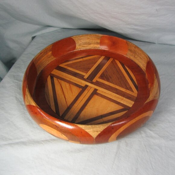 wood ornate parquet bowl vintage MCM velvet bottom (w2524)